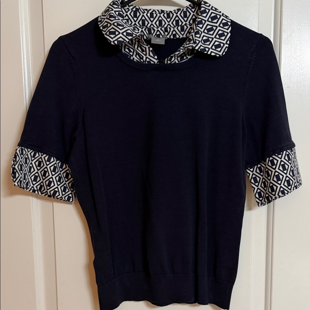 Ann Taylor Navy and White Patterned Collar Top